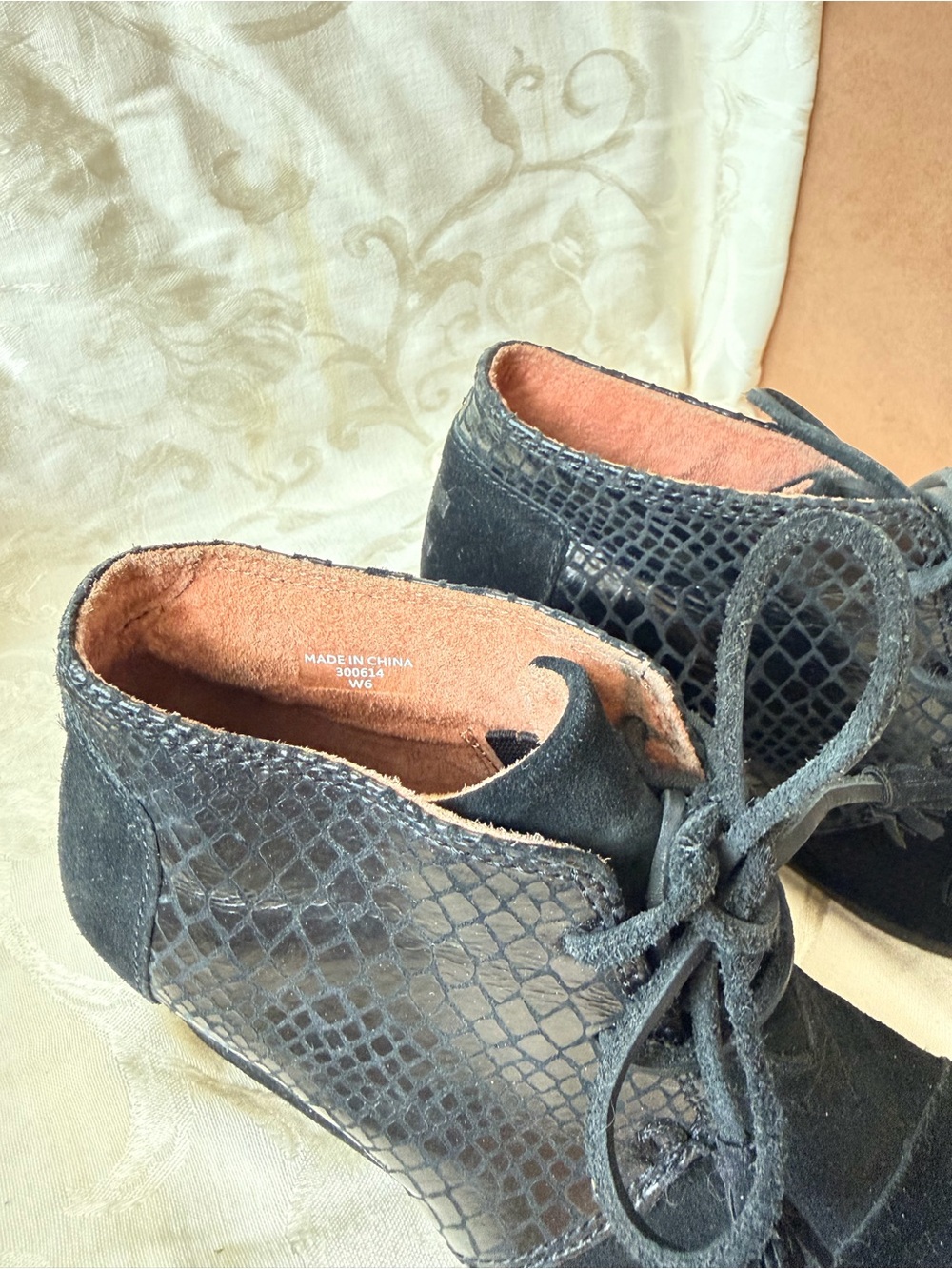 Toms Black Lace-Up Ankle Booties with Snake-Embossed Panels